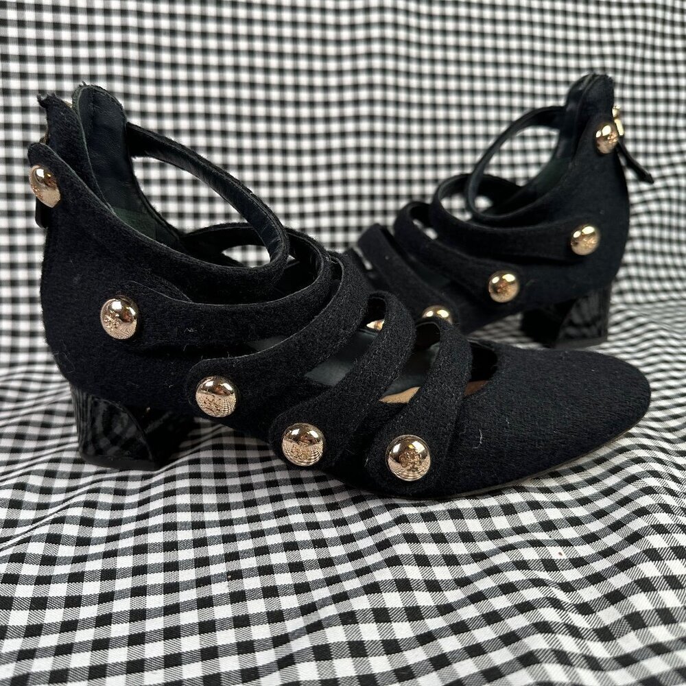 Tory Burch Marisa Low Heel Black Gold Wool Strappy Mary Jane Pumps Women's 6